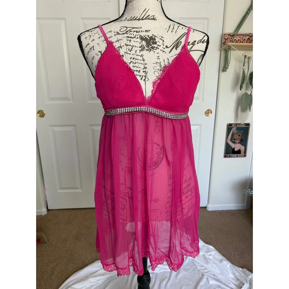 Victoria's Secret Sexy Little Things Hot Pink Rhinestone Mesh Babydoll 34B